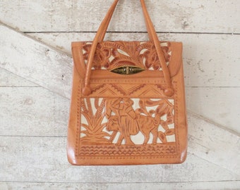 Vintage Hand Tooled Leather Woman's Top Handled Handbag Purse - Tooled Leather Purse - Large Purse w/Silver Feet - Retro Clothing Accessory