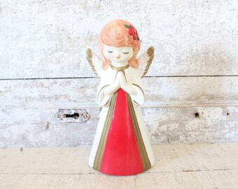 Vintage Red & Gold Praying Christmas Angel Figurine - Holiday Angel - Red Christmas Angel - HOMCO 1970s Mid Century Christmas Angel Statue