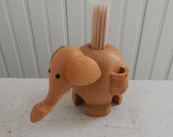 Mid Century Modern Hand Carved Wood Elephant Toothpick Holder