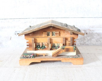 Vintage Swiss Chalet Collectible Music Box - Made by Reuge - Hand Made Music Box Plays The Happy Waltz - Mid Century Music / Jewelry Box