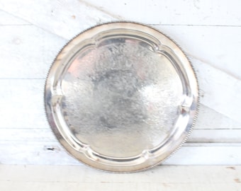 Vintage Quadruple Silver Plate 14" Round Embossed Serving Tray - Mid Century Silver Tray - Fancy Edge - 1960s Silver Plated Serving Tray