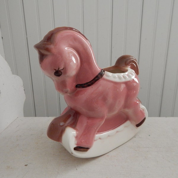 Vintage Pink Horse Planter - Mid Century Rocking Horse Planter - Little Girl's Nursery Planter - Girl's Room Indoor Planter - Rocking Horse