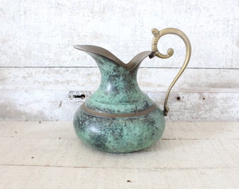 Vintage 1980s Brass Pitcher w/ Teal Green Accents - Mid Century Decorative Brass Ewer/Pitcher - Collectible Brass Pitcher - Mom Grandma Gift