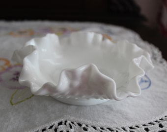 Vintage Fenton Hobnail Milk Glass Candy Dish - Mid Century Fenton Milk Glass - Milk Glass Ruffled Pin / Candy Dish - Footed Milk Glass Dish