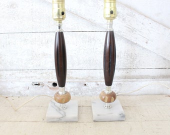 Vintage Mid Century Modern Wood & Marble Table Lamps - Pair of 1960s Lamps Perfect for Modern or Minimalist Decor - Retro Pair of MCM Lamps