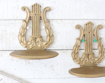 Vintage Antique Gold Lyre Wall Shelves - Faux Carved Wood Wall Shelf - Florentine Wall Shelf - Pair of 1960s Antique Gold Lyre Wall Shelves