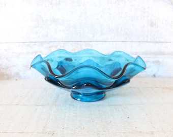 Vintage Viking Glass Footed Dish - Vibrant Blue Viking Glass - Mid Century Modern Design - Modern 1960s Footed Blue Bowl with Organic Shape