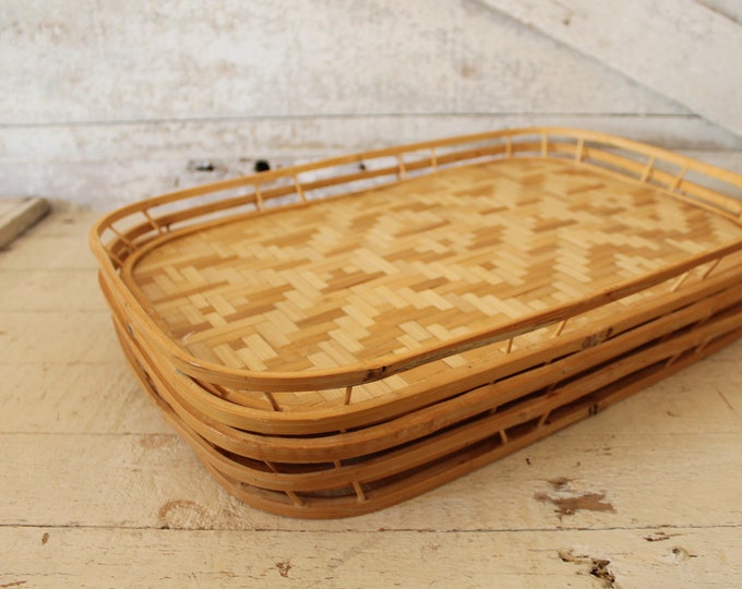 Vintage Bamboo & Wicker Serving Trays Set of Four Serving Trays 1970s