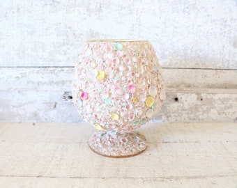 Vintage Pink Seashell Encrusted Glass Pedestal Compote - Seashell Art - Shell Assemblage - Boho, Tropical, Beach, Nautical Theme Home Decor