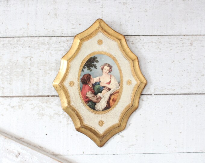 Vintage Italian Florentine Romantic Garden Scene Wood Art Plaque - Gold ...