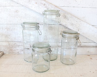 Vintage Hermetic Wire Bale Top Clear Green Glass Canister Jars - Set of 4 Glass Canisters w/ Seals & Wire Bale Tops - Farmhouse Kitchen Jars