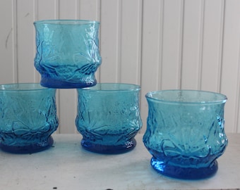 Vintage Blue Rain Flower Juice Glasses - Mid Century Anchor Hocking Drinkware Tumbler - Set of Four 1970s Juice Glasses - Laser Blue Glasses