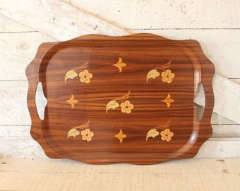 Vintage Mid Century Modern Bent Wood Serving Tray w/ Inlaid Modern Scattered Flowers - Scandinavian Genuine Walnut Plywood - Made by Overton