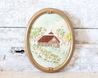 Vintage Embroidered Framed Cottage Fiber Art - Signed DJW Needlework and Dated 1981 -Framed Embroidered Crewel Cottage Artwork, Gold Frame