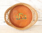 Vintage Wicker Wood Tray with Southwestern Mexican Siesta Decoration - Round Wicker Tray w Wood Bottom and Handles - Southwestern Decor