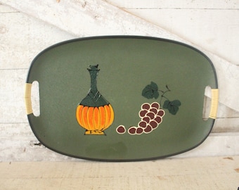 Vintage 1960s Serving, Bar Tray - Oblong Mid Century Textured Serving Tray w/ Wine and Grape Design - 1960's Tray w/ Plastic-Wrapped Handles