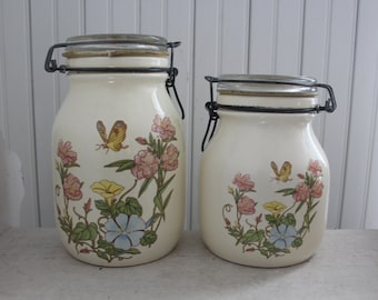 Vintage Hermetic Canister Jar Set - Ivory Canister Jar with Flowers & Butterflies - Country Farmhouse Kitchen Canister Jars w/Glass Covers