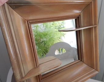 Mid Century Wood Framed Mirror Shelf – Retro Wall Display