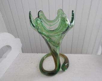 Mid Century Modern Hand Blown Glass Vase - Green and Orange 1960s Collectible