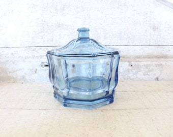 Vintage Clear Blue Octagonal Covered Candy Jar - Indiana Glass Clear Blue Jar - 1970s Collectible Blue Glass Candy Dish - Mother's Day Gift