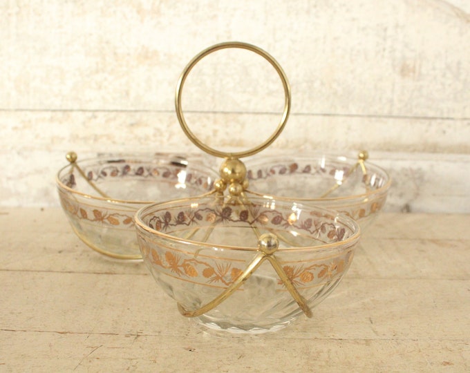 Vintage 1960s Libbey Triple Condiment Dishes With Metal Holder ...