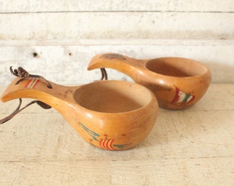 Vintage Hand Carved Wood Scandinavian Sami Cup - Pair of