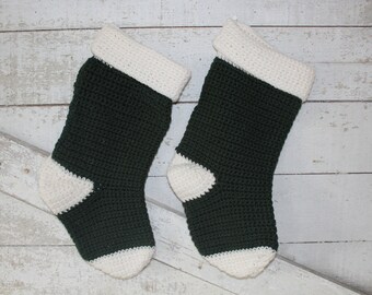 Vintage Hand Knit Christmas Stockings - Pair of Green Christmas St. Nick Stockings - Set of Two 1970s/80s Matching Christmas Green Stockings