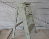 Soft Green Shabby Chic Rustic Step Stool - Painted Step Ladder - Country Farmhouse Decor - Step Stool Plant Stand - Soft Green Painted Stool
