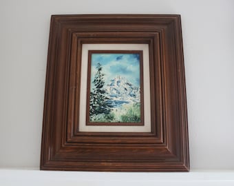 Vintage Original Oil Painting - Framed Winter Mountain / Forest Landscape Painting - Signed 1970s Mountain Oil Painting - Heavy Wooden Frame