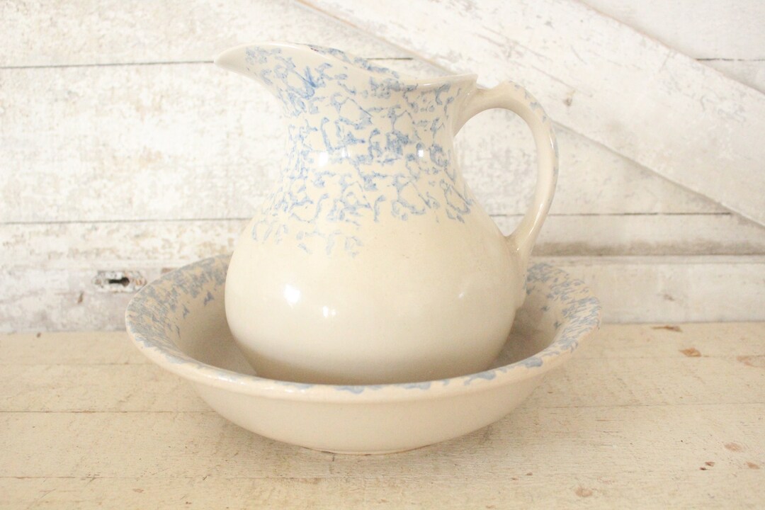 Vintage Robinson Ransbottom Pottery Pitcher & Bowl Set Blue/gray Spongeware RRP Pitcher and Bowl