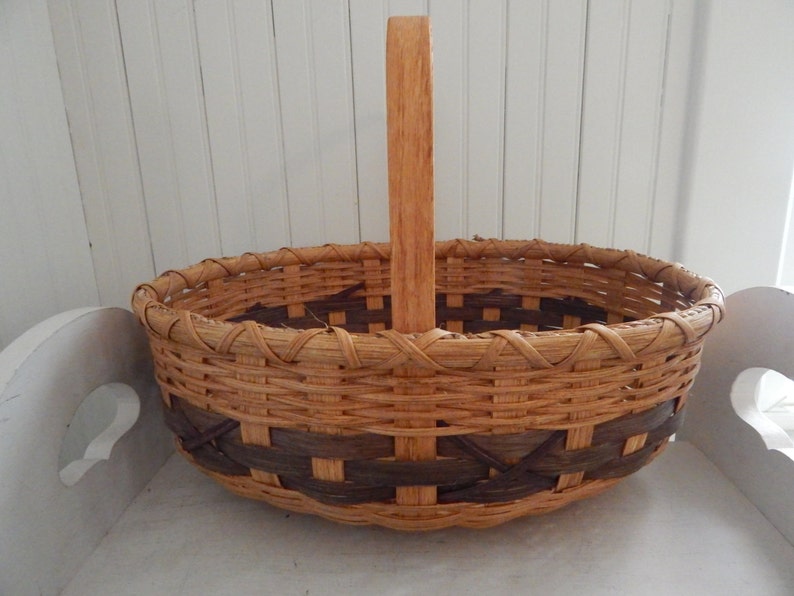 Hand Crafted Woven Wicker Basket with Wood Carrying Handle Etsy