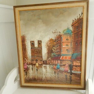 Mid Century Bauhaus Oil Painting – European Cityscape, Original Frame