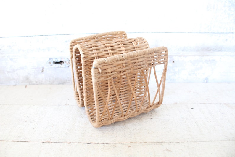 Vintage 1970s Wicker Napkin Holder / Letter or Mail Holder Mid Century Wicker Desk Accessory Boho Kitchen / Dinette Wicker Napkin Holder image 1