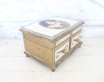 Vintage Italian Florentine Gold Gilt Jewelry Music Dresser Box - "Somewhere My Love/Lara's Theme" - 1960s Mele Hand Painted Gilt Music Box