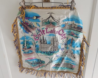 Salt Lake City Utah Travel Souvenir Pillow Cover with Fringe - Vintage 1950s/1960s Travel Souvenir Pillow Cover with Blue and Gold Fringe