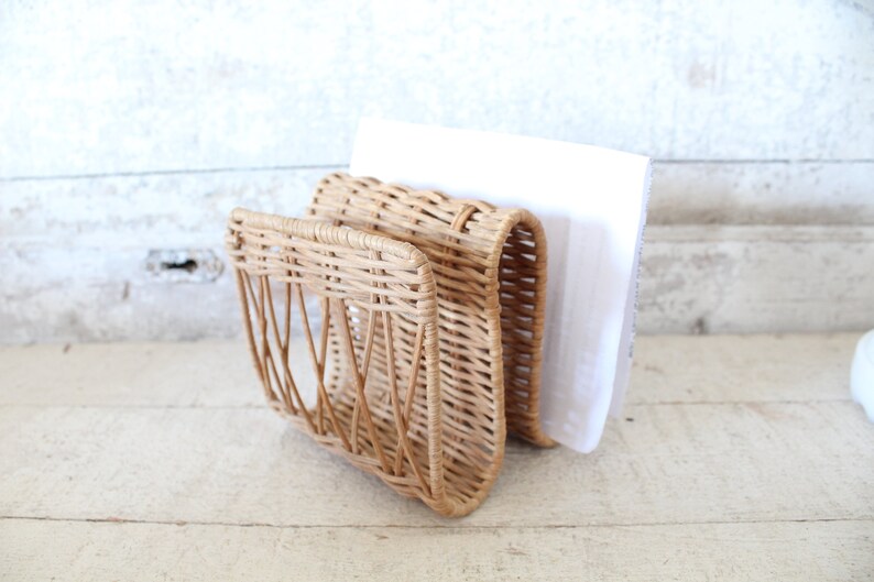 Vintage 1970s Wicker Napkin Holder / Letter or Mail Holder Mid Century Wicker Desk Accessory Boho Kitchen / Dinette Wicker Napkin Holder image 10