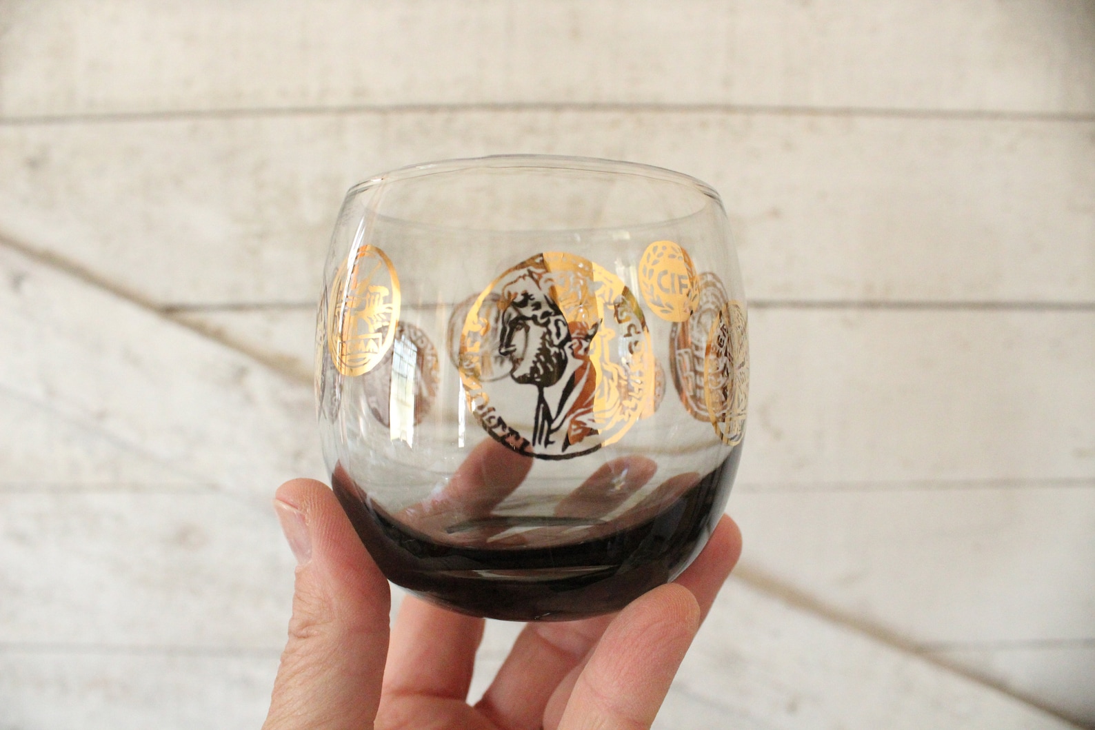Vintage Gray Smoke Roly Poly Cocktail Set - Gold Greek Coin Cocktail ...