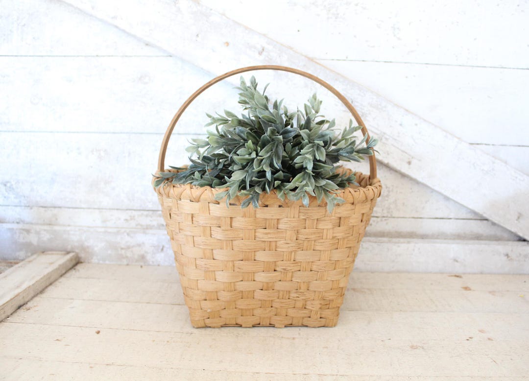 Vintage Hand-crafted Gathering Basket With Oak Wood Splint Handle ...