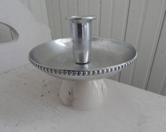 Mid Century Modern Ceramic and Stainless Steel Candle Holder - Modern White Candle Stick Holder with Hand Painted Metallic Silver Details