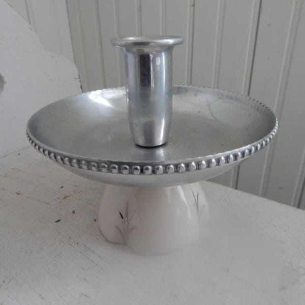 Mid Century Modern Ceramic and Stainless Steel Candle Holder - Modern White Candle Stick Holder with Hand Painted Metallic Silver Details