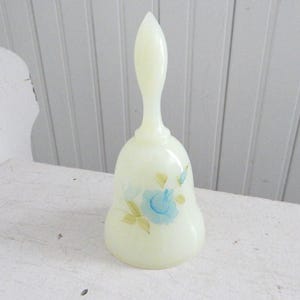 Fenton Custard Glass Hand Bell - Hand Painted and Signed by the Artist, Debi L for Fenton - Custard Glass w/ Delicate Blue Rose Leaf Design