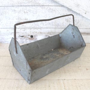 Vintage Industrial Galvanized Metal Tool Carrier w/Handle - Industrial Loft Decor - Rustic 1950s Metal Decorator Piece - Garden Tool Carrier