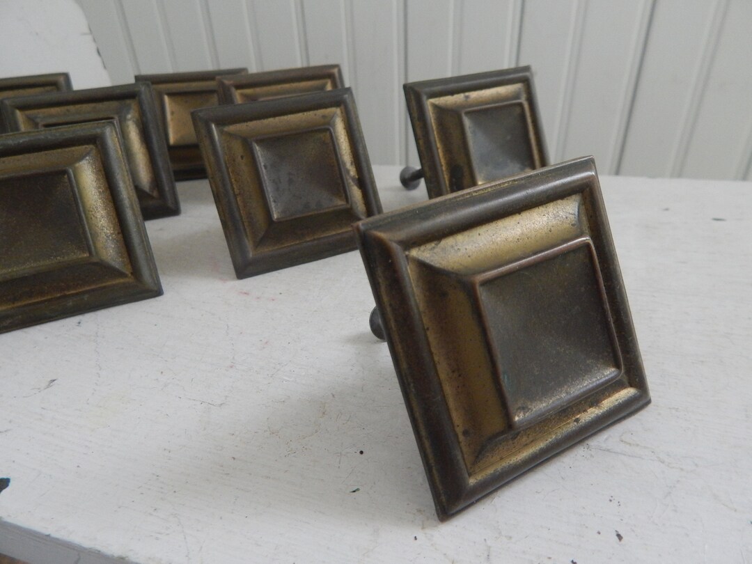 Mid Century Square Mission Brass Dresser Door / Drawer Knobs Antique