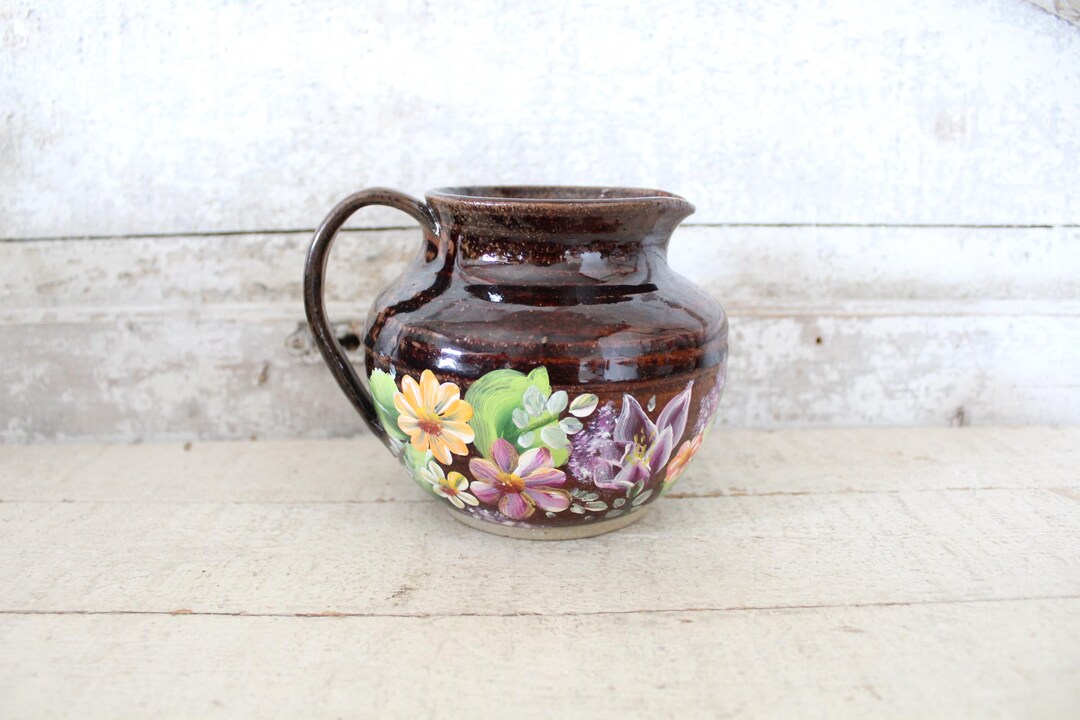 Vintage Hand Thrown Studio Pottery Pitcher With Hand Painted Floral ...
