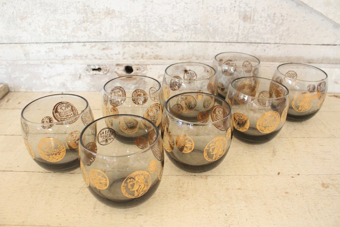 Vintage Gray Smoke Roly Poly Cocktail Set - Gold Greek Coin Cocktail ...
