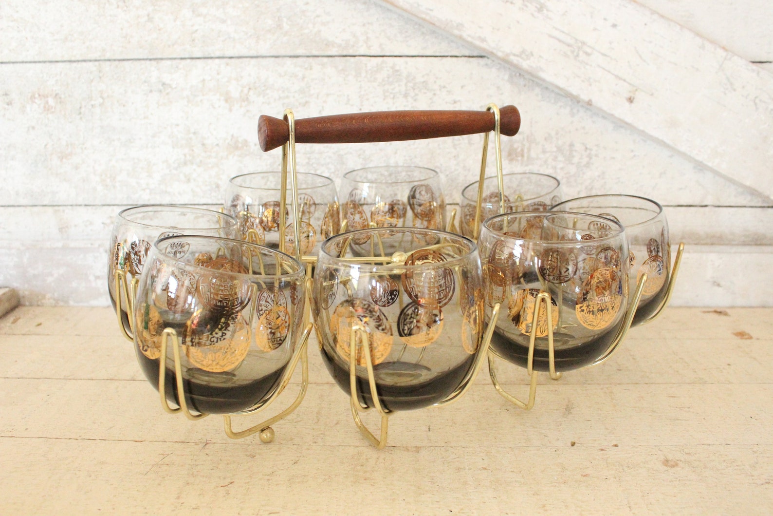 Vintage Gray Smoke Roly Poly Cocktail Set - Gold Greek Coin Cocktail ...