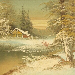 Vintage Original Oil Painting - Winter Cabin in the Woods Oil Painting ...