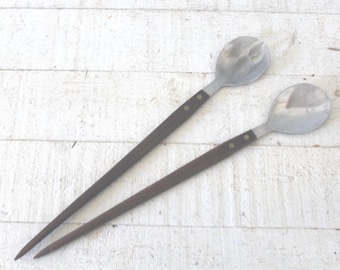 Danish Modern Salad Server Set with Teak Handles and Stainless Utensils - Mid Century Modern Serving Set - 1960s Salad Serving Utensil Set
