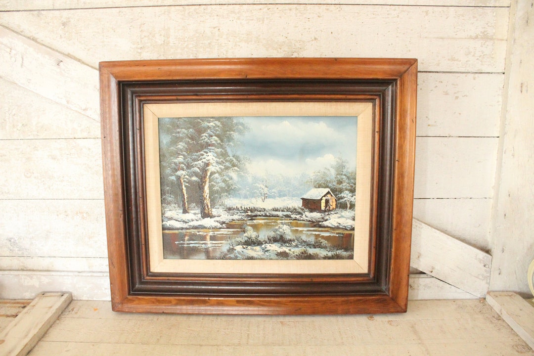 Vintage Original Oil Painting - Winter Snowed in Cabin / River Scene ...