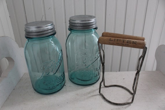 Vintage Set of 3 Aqua Blue Ball Perfect Mason Canning Jars With Gray Metal  Lids Kitchen Accessories 